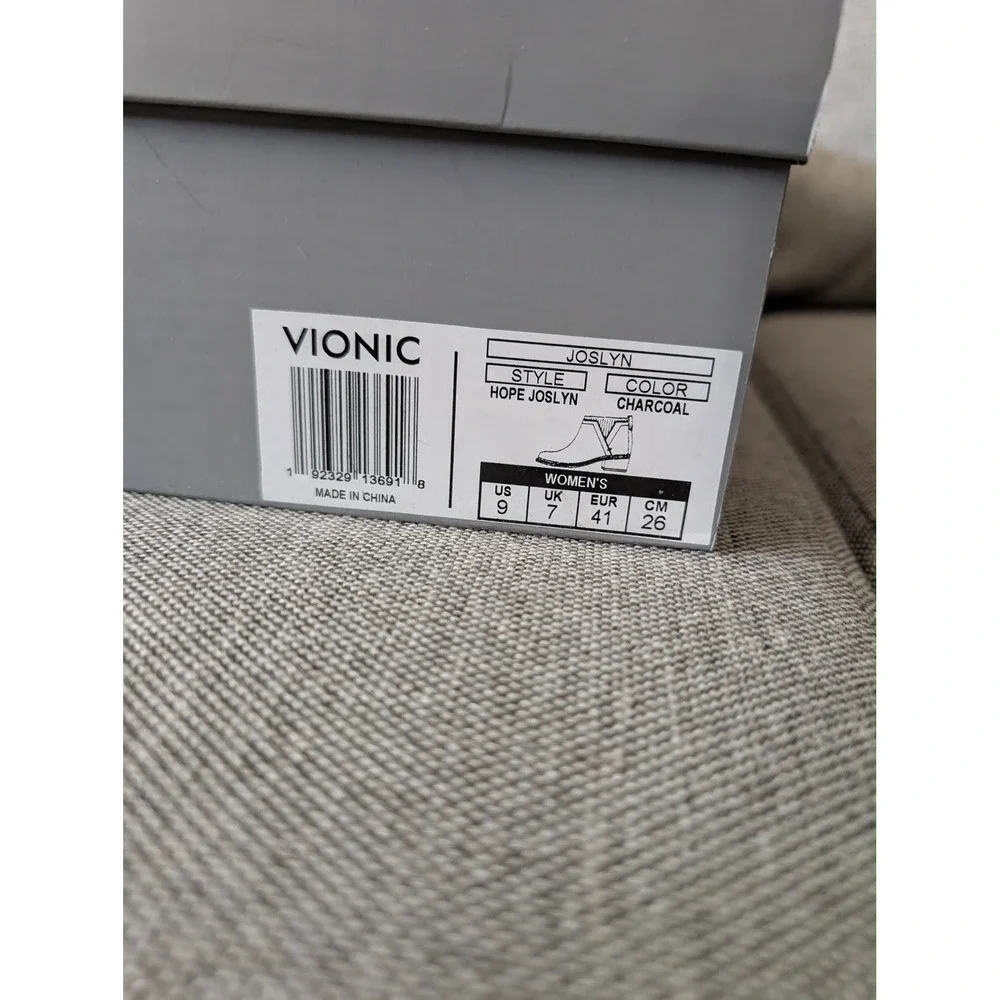 Vionic Women's 9 Joslyn Boot Ankle Booties Charcoal‎ Leather Zip Up Wool Trim